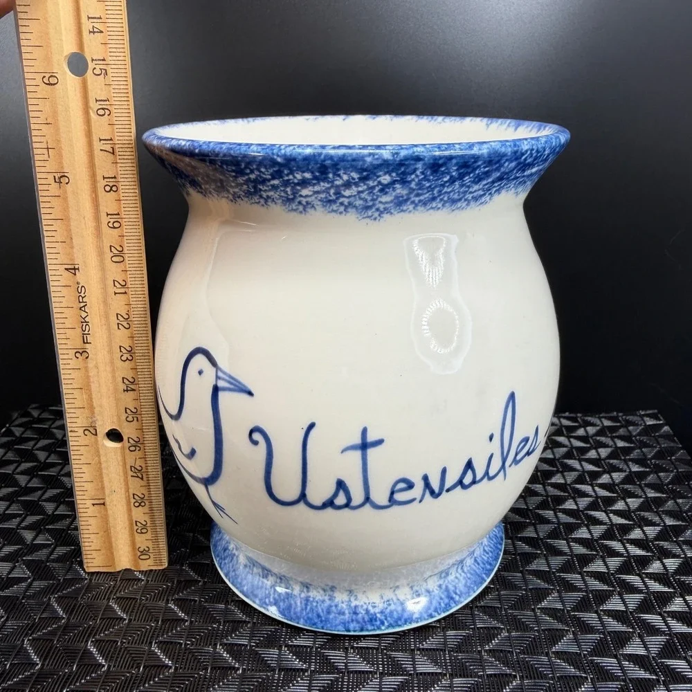 Lebeau‎ et Weilbrenner Poterie Ceramic Utensil Crock Blue White Bird Ustensiles
